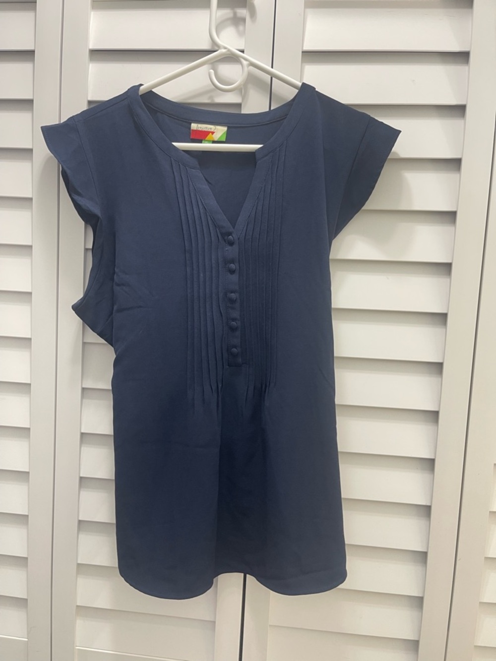 Navy Pleated V-Neck Cap Sleeve Top